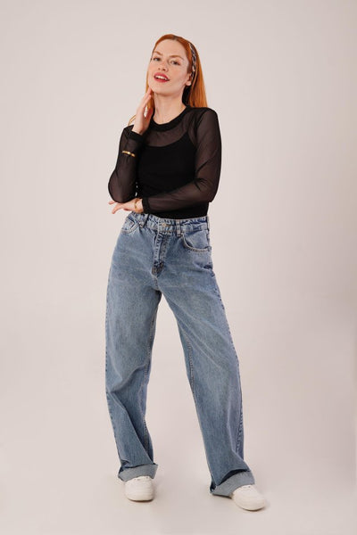Transparan Gri Tül Basic Bluz