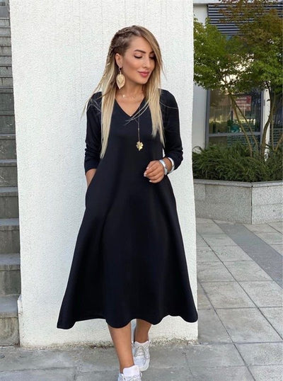 Kadın Uzun Kollu V Yakalı Yanlardan Yırtmaçlı Viskon Iki Iplik Midi Elbise