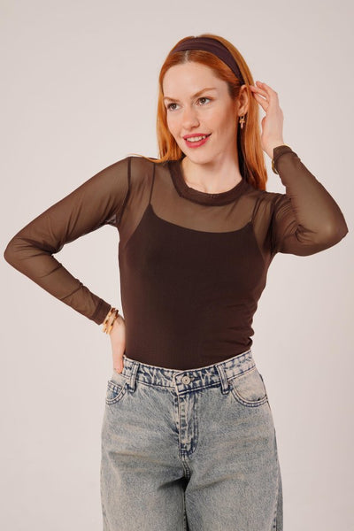 Transparan Gri Tül Basic Bluz