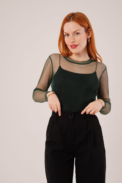 Transparan Gri Tül Basic Bluz