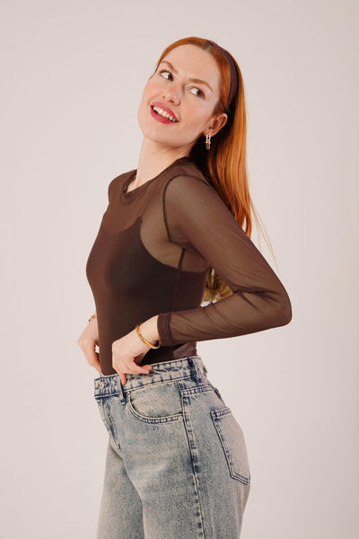 Transparan Gri Tül Basic Bluz