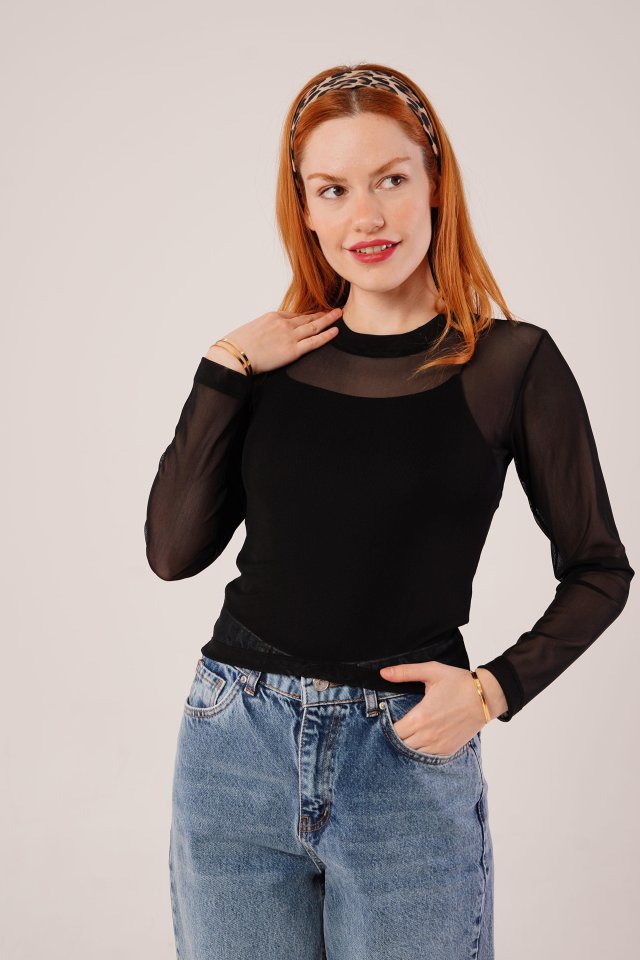 Transparan Gri Tül Basic Bluz