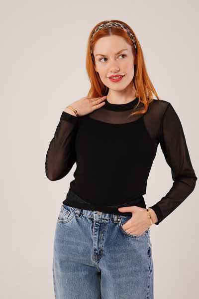 Transparan Gri Tül Basic Bluz