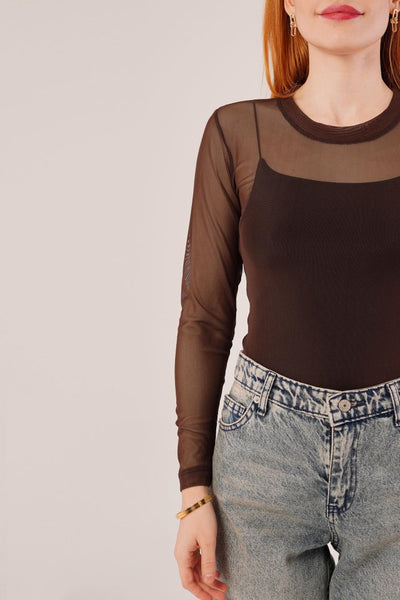 Transparan Gri Tül Basic Bluz