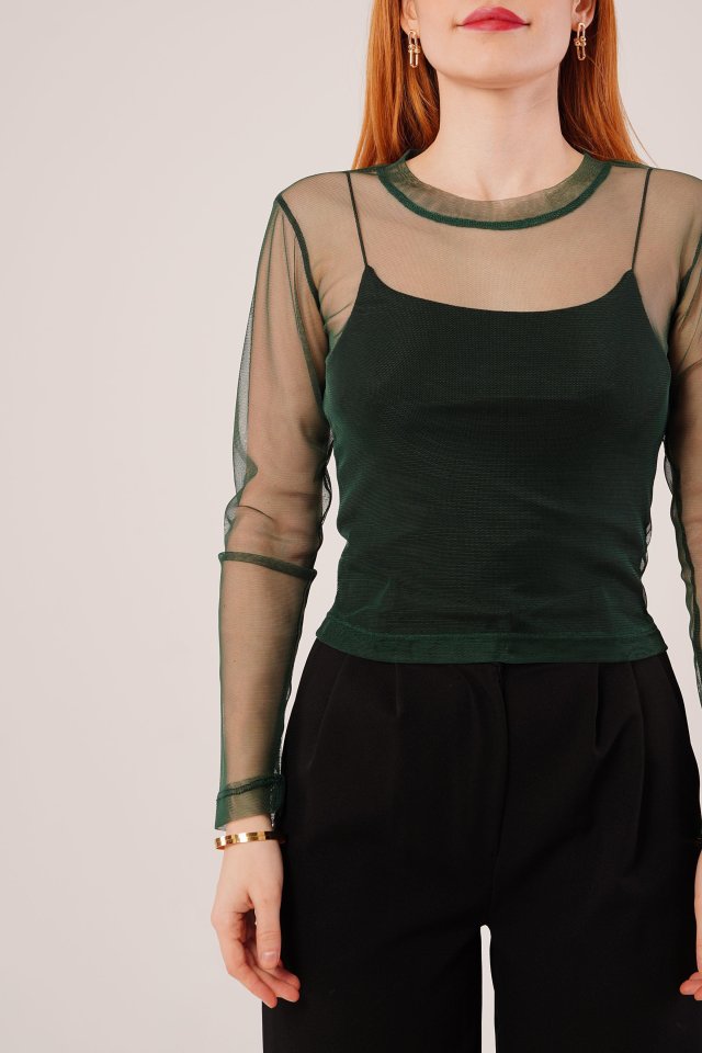 Transparan Gri Tül Basic Bluz