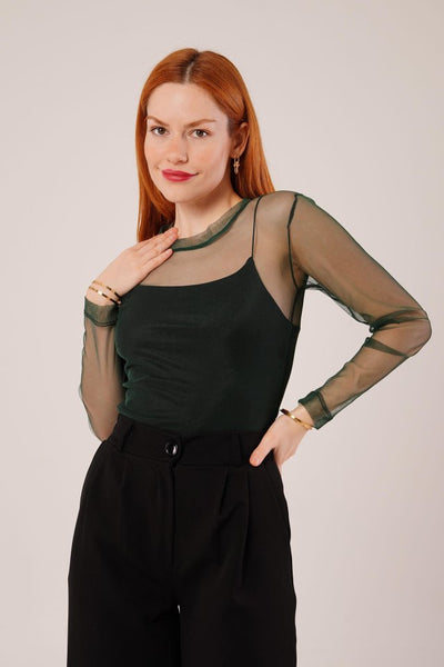 Transparan Gri Tül Basic Bluz