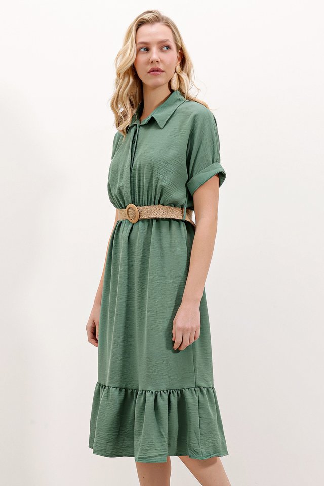 2292 Kemerli Elbise - Mint