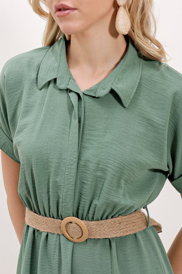 2292 Kemerli Elbise - Mint