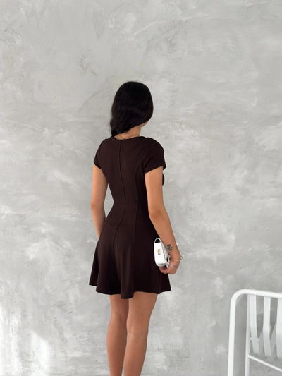 Kısa Kollu Mini Elbise - Kahverengi