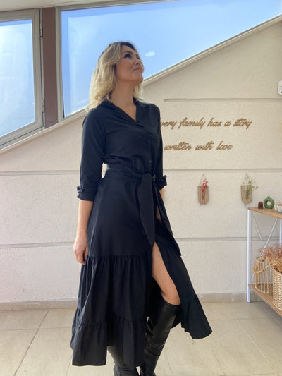 Kadın Uzun Kollu Eteği Fırfırlı Beli Kuşaklı Trikoton Tam Boy Gömlek Elbise