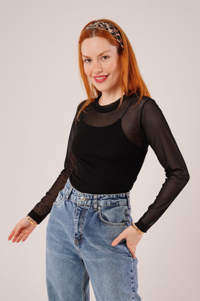Transparan Gri Tül Basic Bluz