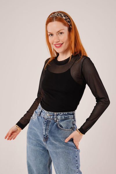 Transparan Gri Tül Basic Bluz
